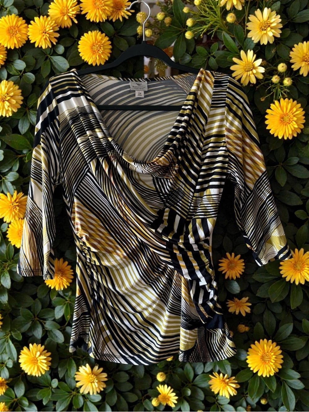 Worthington Petite Stretch Vintage Black & Yellow Abstract Stripe Drape-Neck Top